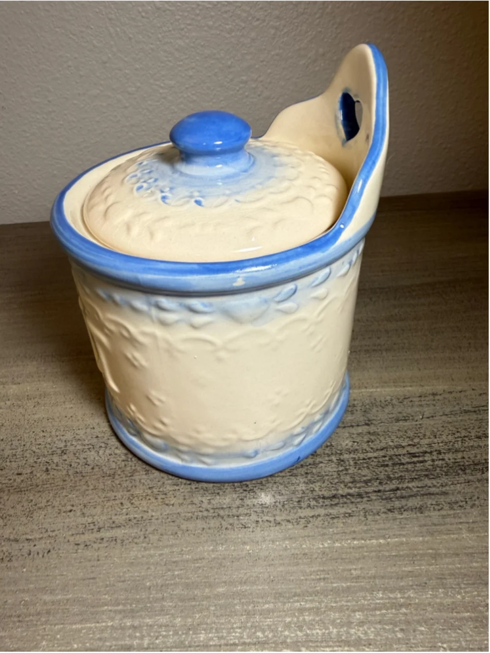 Vintage Blue & White Stoneware Hanging Salt Box Crock with Lid